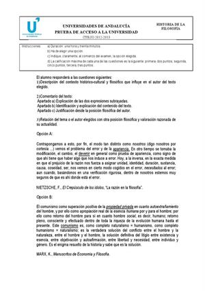 Examen de Selectividad: Historia de la filosofía. Andalucía. Convocatoria Junio 2013