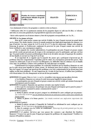 Examen de Selectividad: Francés. Castilla y León. Convocatoria Septiembre 2013