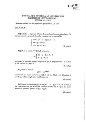Examen de Selectividad: Matemáticas II. Navarra. Convocatoria Junio 2013