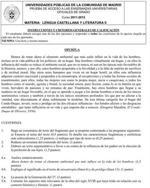 Examen de Selectividad: Lengua Castellana y Literatura II. Comunidad de Madrid. Convocatoria Junio 2012