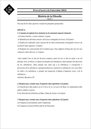 Examen de Selectividad: Historia de la filosofía. Islas Baleares. Convocatoria Junio 2014