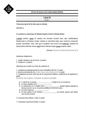 Examen de Selectividad: Latín. Islas Baleares. Convocatoria Junio 2013