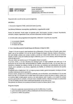 Examen de Selectividad: Historia de España. La Rioja. Convocatoria Junio 2013