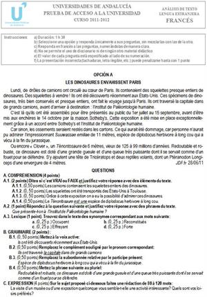 Examen de Selectividad: Francés 2. Andalucía. Convocatoria Junio 2012