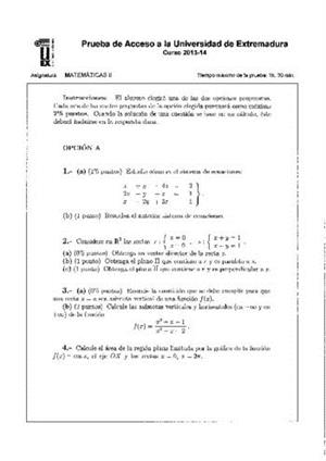 Examen de Selectividad: Matemáticas II. Extremadura. Convocatoria Junio 2014
