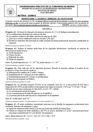 Examen de Selectividad: Química. Madrid. Convocatoria Septiembre 2013
