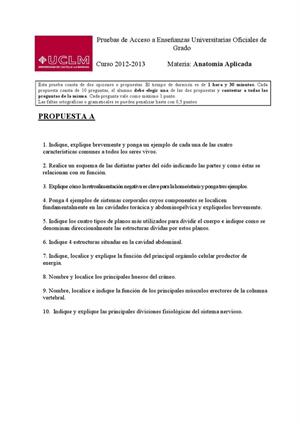 Examen de Selectividad: Anatomía aplicada. Castilla-La Mancha. Convocatoria Septiembre 2013
