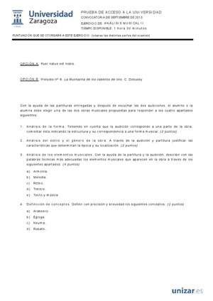 Examen de Selectividad: Análisis musical. Aragón. Convocatoria Septiembre 2013