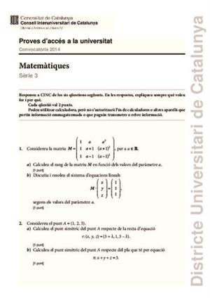 Examen de Selectividad: Matemáticas II. Cataluña. Convocatoria Junio 2014