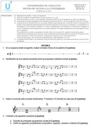Examen de Selectividad: Lenguaje y Práctica Musical B. Andalucía. Convocatoria Junio 2012