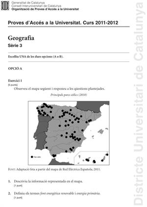 Examen de Selectividad: Geografía. Cataluña. Convocatoria Junio 2012