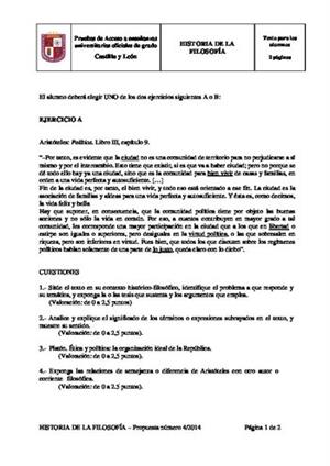 Examen de Selectividad: Historia de la filosofía. Castilla y León. Convocatoria Junio 2014