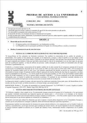 Examen de Selectividad: Historia de España. Comunidad Canaria. Convocatoria Junio 2014