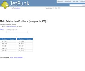 Math Subtraction Problems (Integers 1 - 400)