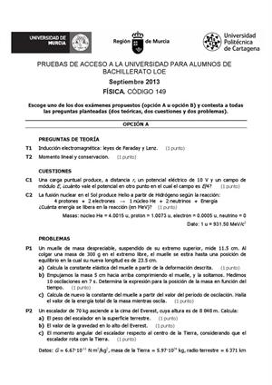 Examen de Selectividad: Física. Murcia. Convocatoria Septiembre 2013