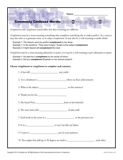 Commonly Confused Words Worksheet: Complement vs. Compliment