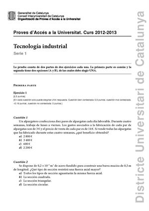 Examen de Selectividad: Tecnología industrial. Cataluña. Convocatoria Septiembre 2013