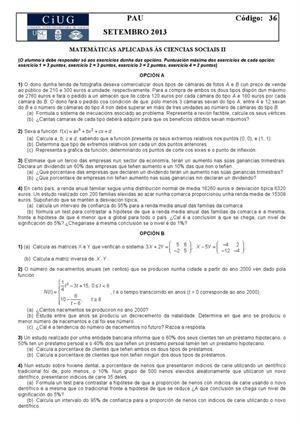 Examen de Selectividad: Matemáticas CCSS. Galicia. Convocatoria Septiembre 2013