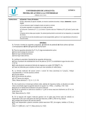 Examen de Selectividad: Química. Andalucía. Convocatoria Junio 2013