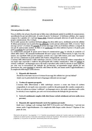 Examen de Selectividad: Italiano. Asturias. Convocatoria Junio 2013