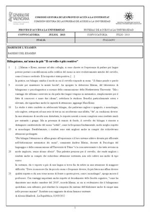 Examen de Selectividad: Italiano. Comunidad Valenciana. Convocatoria Julio 2013