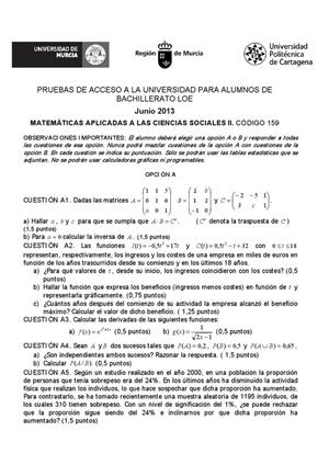Examen de Selectividad: Matemáticas CCSS. Murcia. Convocatoria Junio 2013