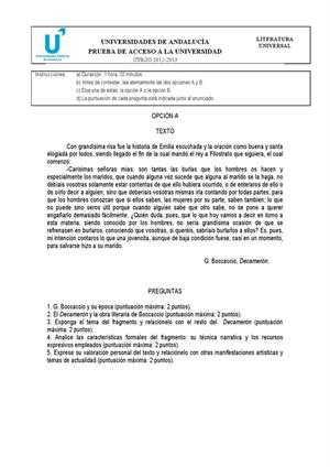 Examen de Selectividad: Literatura universal. Andalucía. Convocatoria Junio 2013