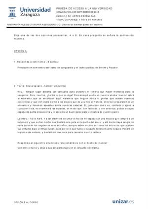 Examen de Selectividad: Artes escénicas. Aragón. Convocatoria Septiembre 2013