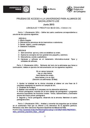 Examen de Selectividad: Lenguaje y práctica musical. Murcia. Convocatoria Junio 2013