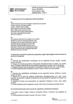 Examen de Selectividad: Latín. La Rioja. Convocatoria Julio 2013