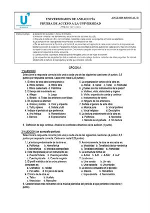 Examen de Selectividad: Análisis musical. Andalucía. Convocatoria Septiembre 2013