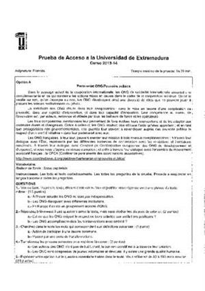 Examen de Selectividad: Francés. Extremadura. Convocatoria Junio 2014