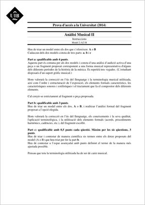 Examen de Selectividad: Análisis musical. Islas Baleares. Convocatoria Junio 2014