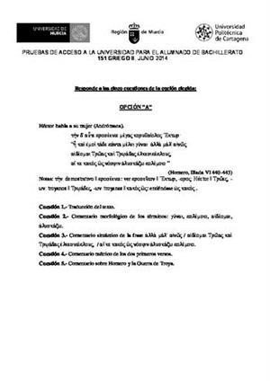 Examen de Selectividad: Griego. Murcia. Convocatoria Junio 2014