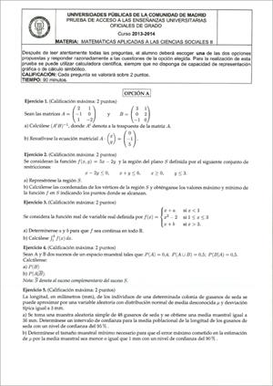 Examen de Selectividad: Matemáticas CCSS. Madrid. Convocatoria Junio 2014