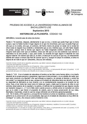 Examen de Selectividad: Historia de la filosofía. Murcia. Convocatoria Septiembre 2013
