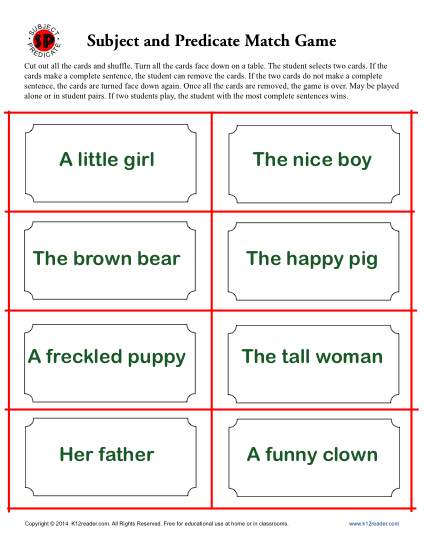 Subject and Predicate Activity – Match Game