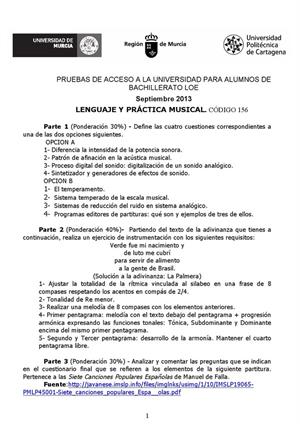 Examen de Selectividad: Lenguaje y práctica musical. Murcia. Convocatoria Septiembre 2013