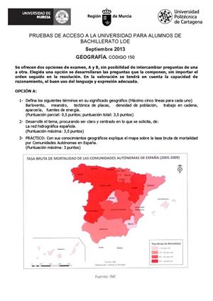 Examen de Selectividad: Geografía. Murcia. Convocatoria Septiembre 2013