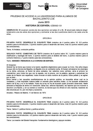 Examen de Selectividad: Historia de España. Murcia. Convocatoria Junio 2013