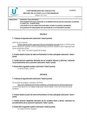 Examen de Selectividad: Latín. Andalucía. Convocatoria Junio 2013