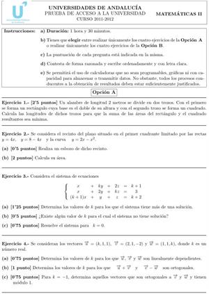 Examen de Selectividad: Matemáticas II 5. Andalucía. Convocatoria Junio 2012