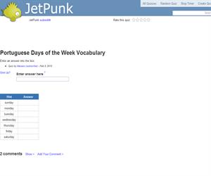 Portuguese Days of the Week Vocabulary