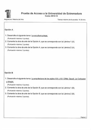 Examen de Selectividad: Historia del arte. Extremadura. Convocatoria Junio 2013