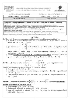 Examen de Selectividad: Matemáticas II. Comunidad Valenciana. Convocatoria Julio 2013