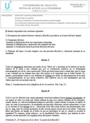 Examen de Selectividad: Historia de la Filosofía 4. Andalucía. Convocatoria Junio 2012