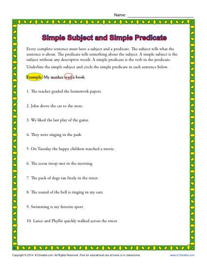 Simple Subject and Simple Predicate Worksheet Activity
