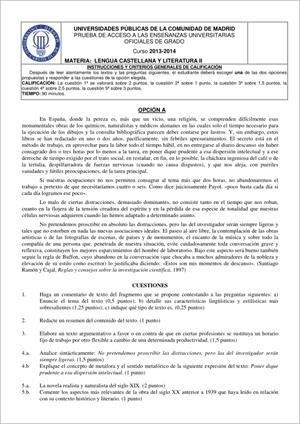 Examen de Selectividad: Lengua castellana y su literatura. Madrid. Convocatoria Junio 2014