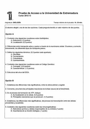 Examen de Selectividad: Biología. Extremadura. Convocatoria Junio 2013