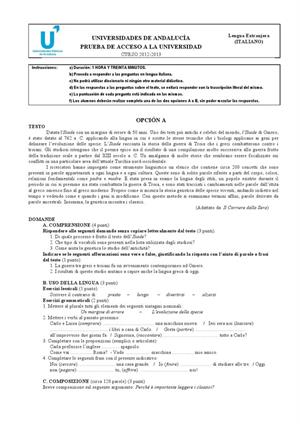 Examen de Selectividad: Italiano. Andalucía. Convocatoria Septiembre 2013